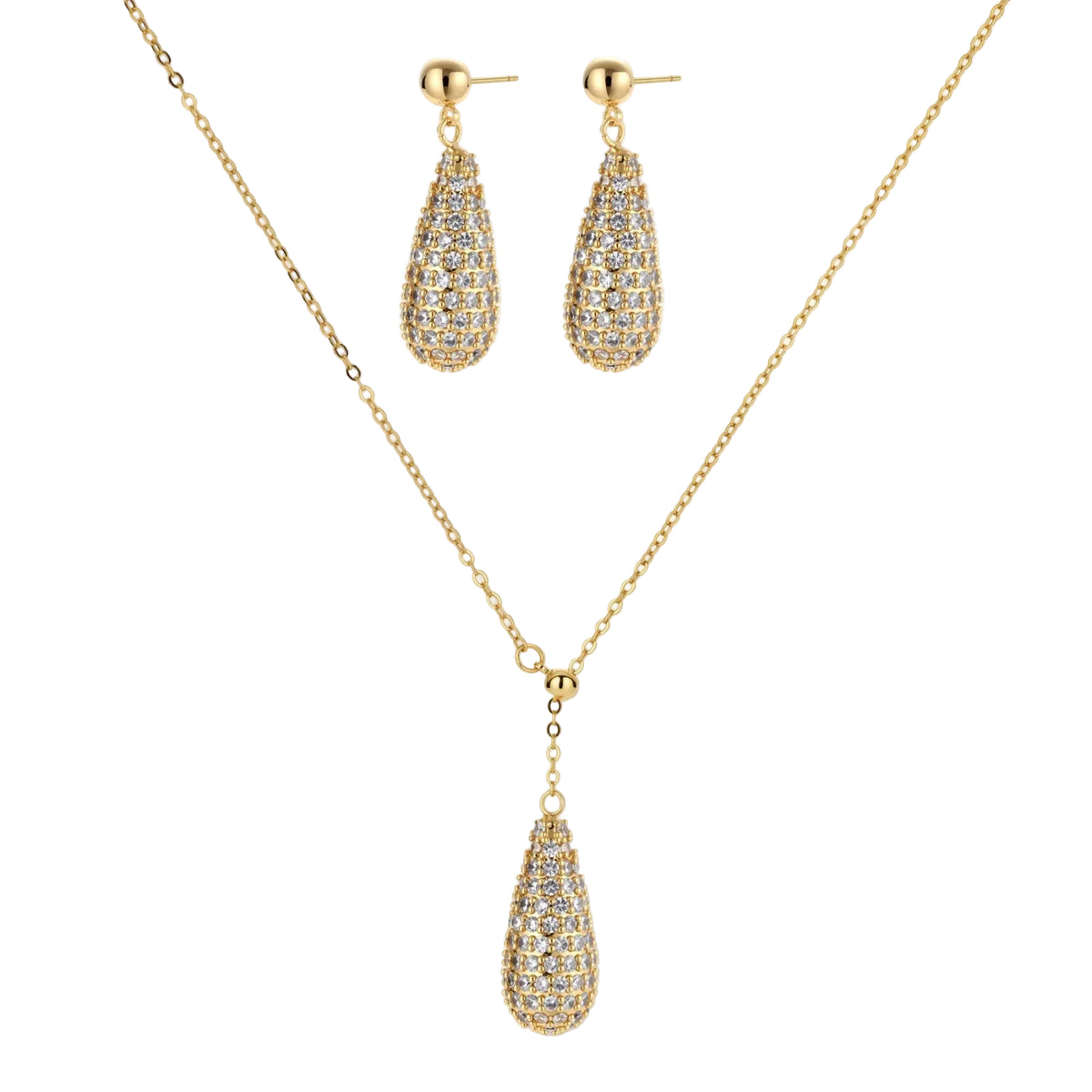 Gold-plated teardrop necklace and earrings covered in AAA cubic zirconia crystals on cream background.