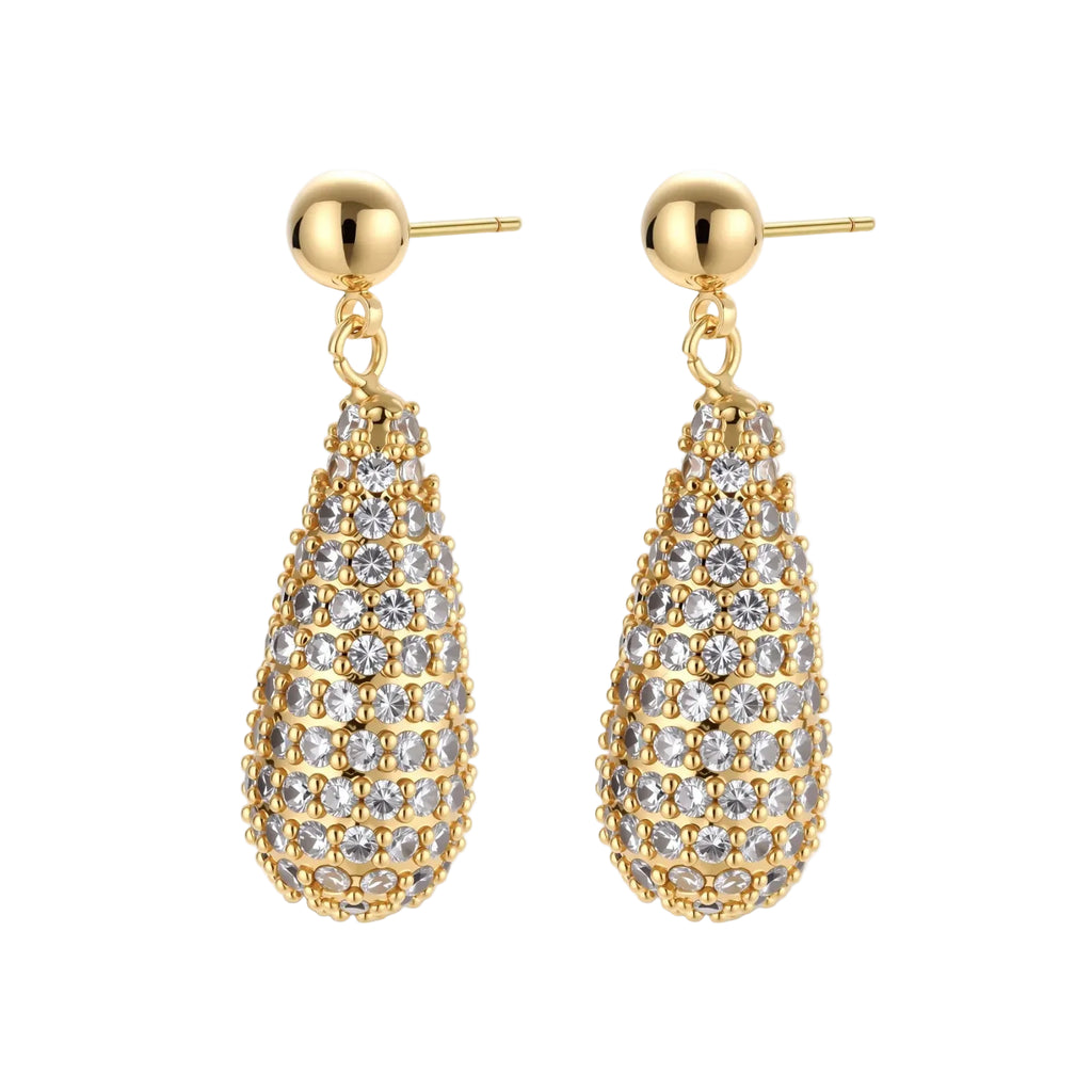 Gold-plated teardrop necklace and earrings covered in AAA cubic zirconia crystals on cream background.