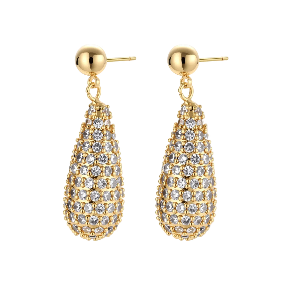 Gold-plated teardrop necklace and earrings covered in AAA cubic zirconia crystals on cream background.