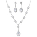 Elegant white gold plated jewelry set with oval cubic zirconia stones in halo settings, featuring Y-necklace and drop earrings.