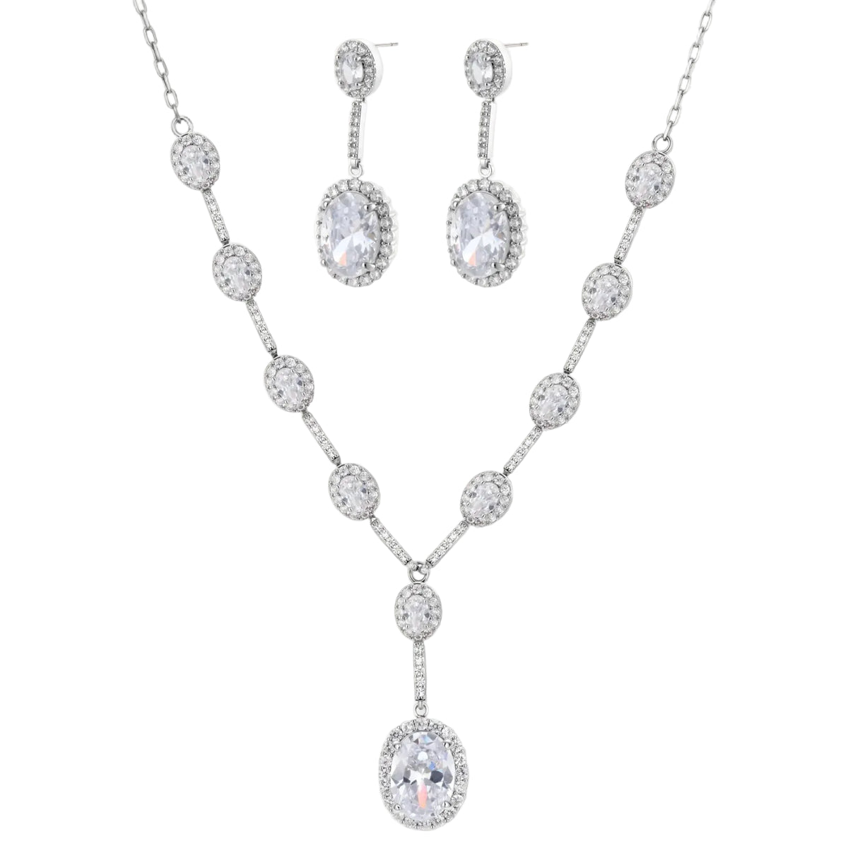 Elegant white gold plated jewelry set with oval cubic zirconia stones in halo settings, featuring Y-necklace and drop earrings.