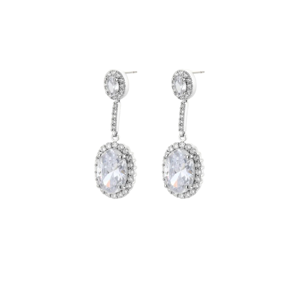 Elegant white gold plated jewelry set with oval cubic zirconia stones in halo settings, featuring Y-necklace and drop earrings.