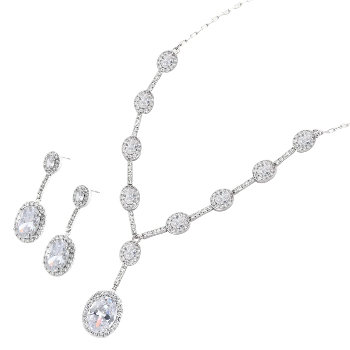 Elegant white gold plated jewelry set with oval cubic zirconia stones in halo settings, featuring Y-necklace and drop earrings.