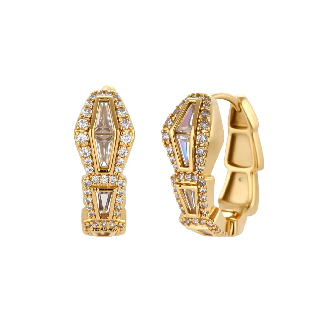 Gold-plated necklace with geometric diamond segments and matching huggie earrings featuring cubic zirconia details