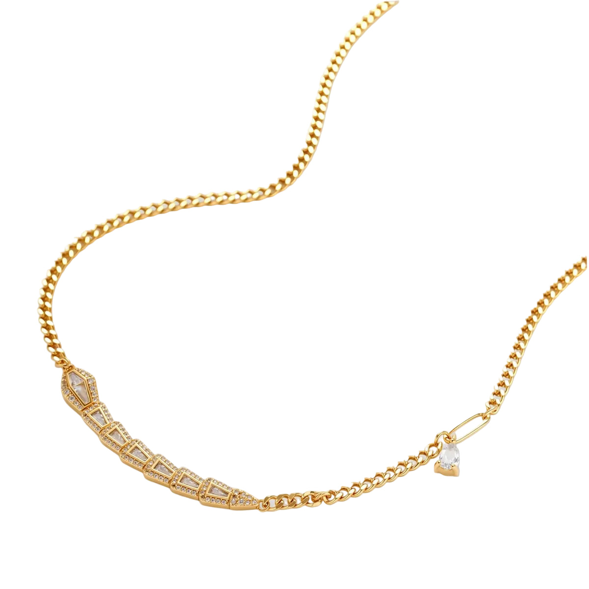 Gold-plated necklace with geometric diamond segments and matching huggie earrings featuring cubic zirconia details