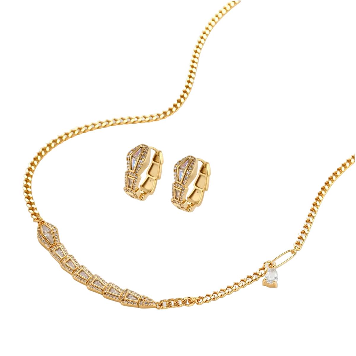 Gold-plated necklace with geometric diamond segments and matching huggie earrings featuring cubic zirconia details