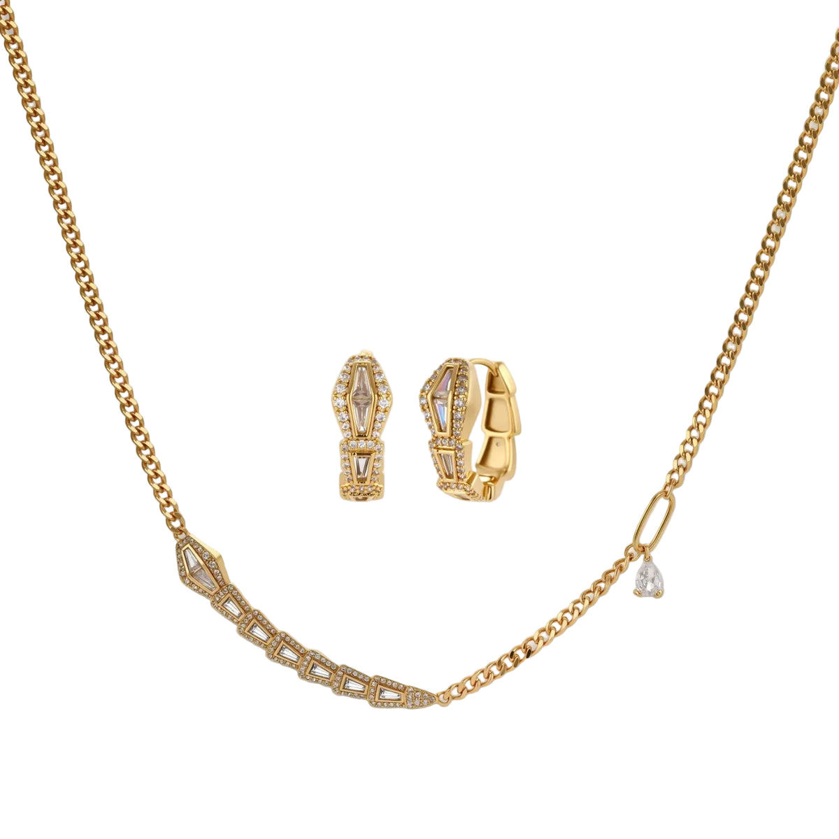 Gold-plated necklace with geometric diamond segments and matching huggie earrings featuring cubic zirconia details