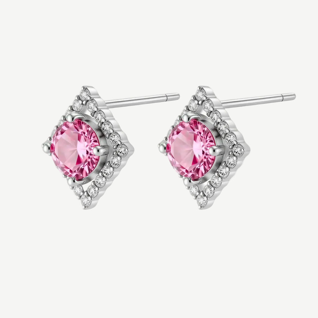 Diamant-Halo-Ohrstecker mit pinkem Stein, Stift und funkelnder Zargenfassung