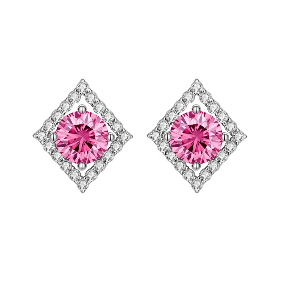 Diamant-Halo-Ohrstecker im Paar, pinker Stein im quadratischen Diamantrahmen