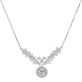 Elegant sterling silver necklace featuring intricate wing-like design with brilliant moissanite stones on neutral background.