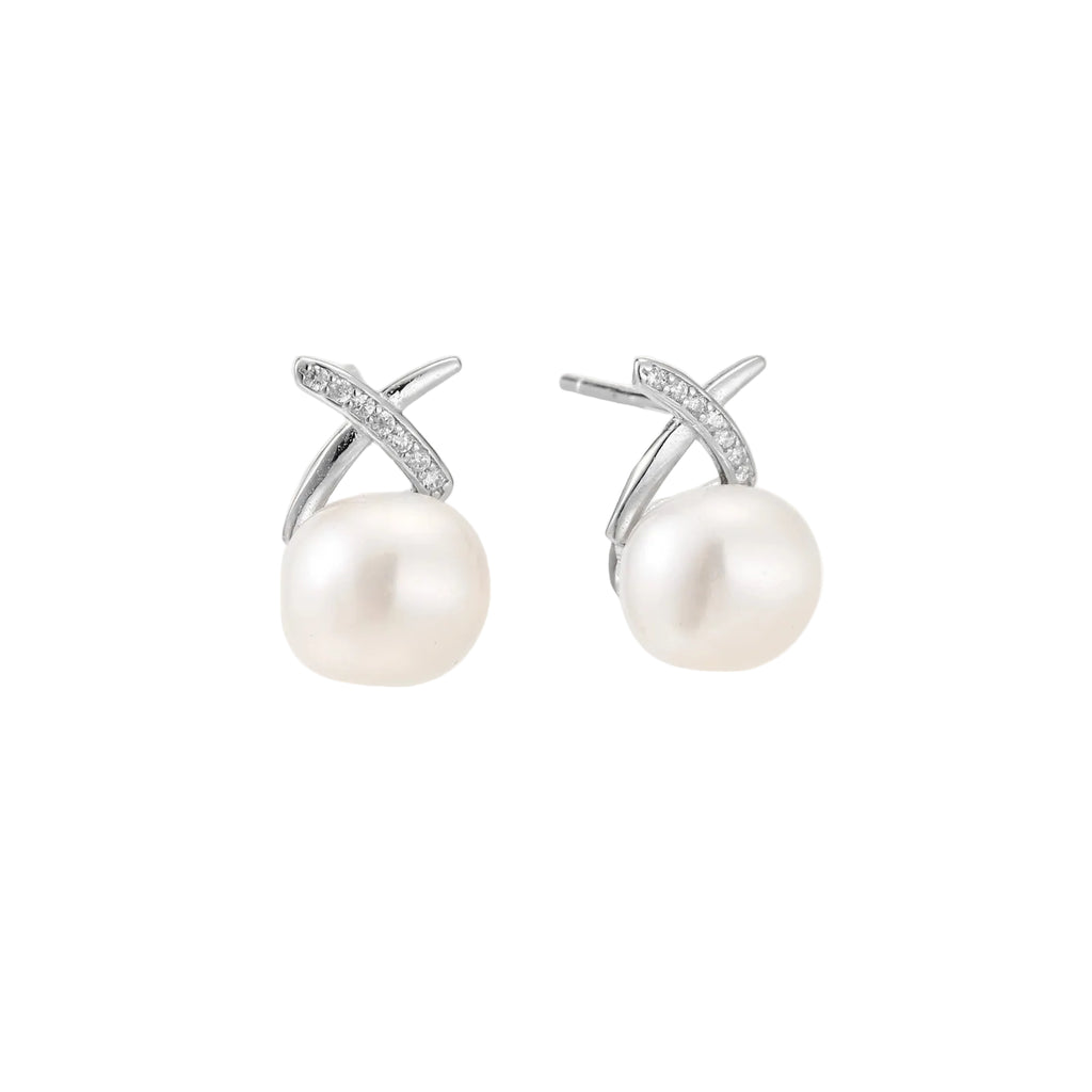 Rhodium-plated silver stud earrings with sparkling X design above lustrous round freshwater pearls on white background.