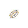 Two-tone ring with brushed silver center, gold beaded edges, and blue zirconia stones on white background.