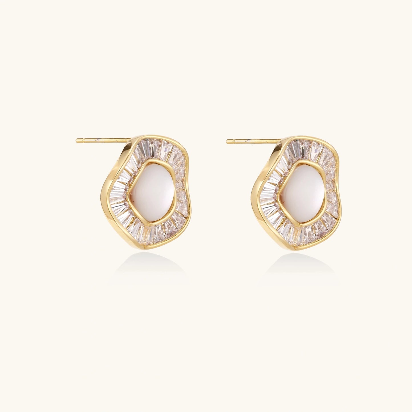 Round 14K gold-plated stud earrings with a mother of pearl center surrounded by baguette-cut crystals, 16mm.