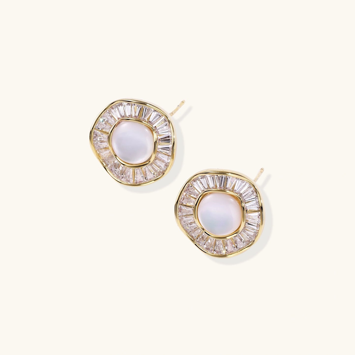 Round 14K gold-plated stud earrings with a mother of pearl center surrounded by baguette-cut crystals, 16mm.