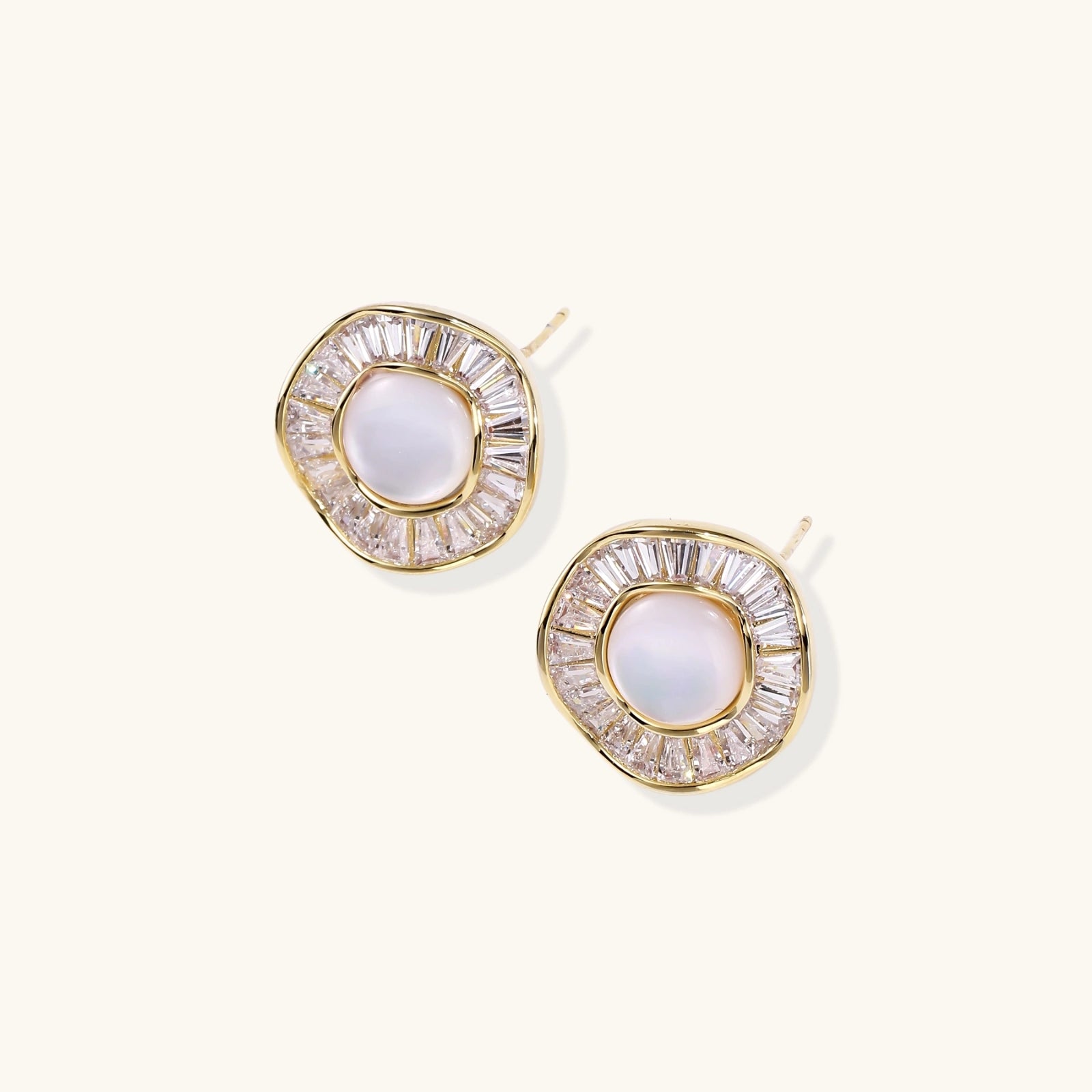 Round 14K gold-plated stud earrings with a mother of pearl center surrounded by baguette-cut crystals, 16mm.