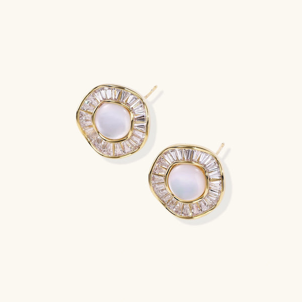 Round 14K gold-plated stud earrings with a mother of pearl center surrounded by baguette-cut crystals, 16mm.