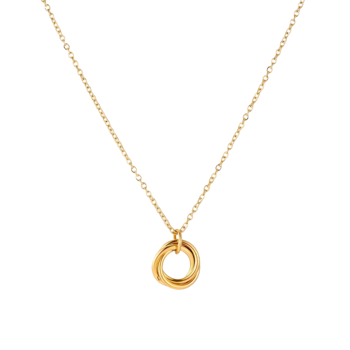Delicate gold-plated necklace with three interlocking circle rings forming a minimalist knot pendant on cream background