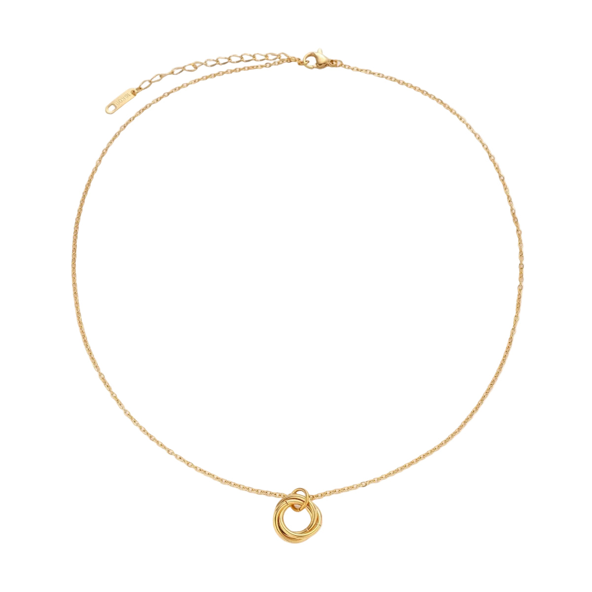 Delicate gold-plated necklace with three interlocking circle rings forming a minimalist knot pendant on cream background