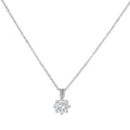 Platinum-plated sterling silver necklace with round clear crystal pendant and decorative bail on neutral background.
